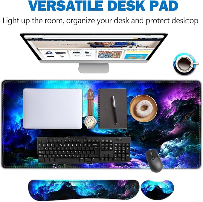 AIMSA Keyboard Mouse Pad Wrist Rest Set, Extended Desk Mat+ Ergonomic Mouse Pad with Wrist Rest+ Keyboard Wrist Support+ Coaster, 35x15.7in Large Mousepad for Home Office, Nebula Galaxy - Image 2