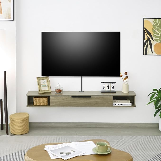 Floating TV Stand, 55" Wall Mounted TV Cabinet, Wood Media Console for TVs up to 65", Entertainment Center with Storage for Living Room, Under TVs Shelf for DVD Player, Wood Grain Grey - Image 4
