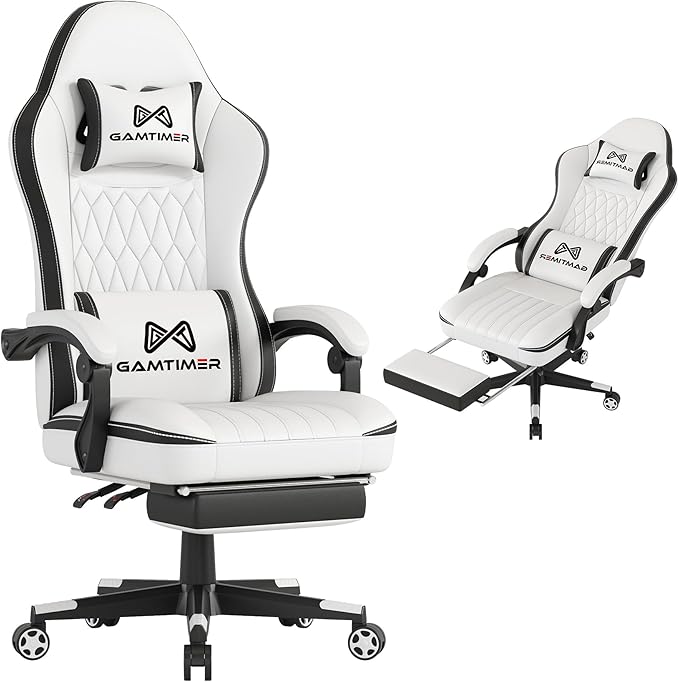 Gamtimer Gaming Chair with Footrest, Ergonomic Computer Chair, PU Breathable Material with Headrest and Lumbar Support, Suitable for Silla Gamer and Adults (White) by GAMTIMERBrandHome