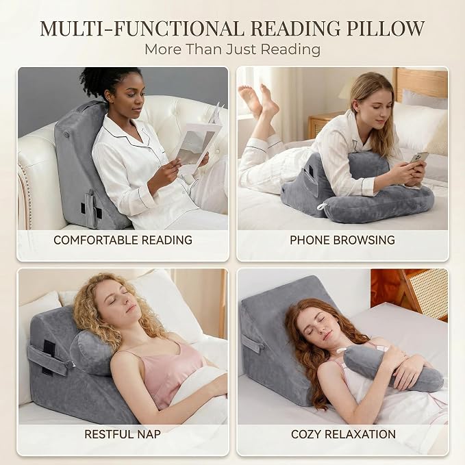 21 INCH Reading Pillow for Adults, Back Pillow for Bed Sitting Up, Backrest Pillow for Sitting in Bed, Detachable Arms with Built-in Cup & Phone Caddy (Gray, 21 INCH) - Image 6