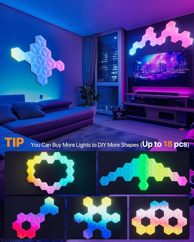 10 Pack Hexagon Led Lights, 110cm Smart Hexagon Light Panels, Hexagon Wall Lights, RGB Color Changing with App & Remote, Music Sync for Gameroom Lighting, Party Decor - Image 5
