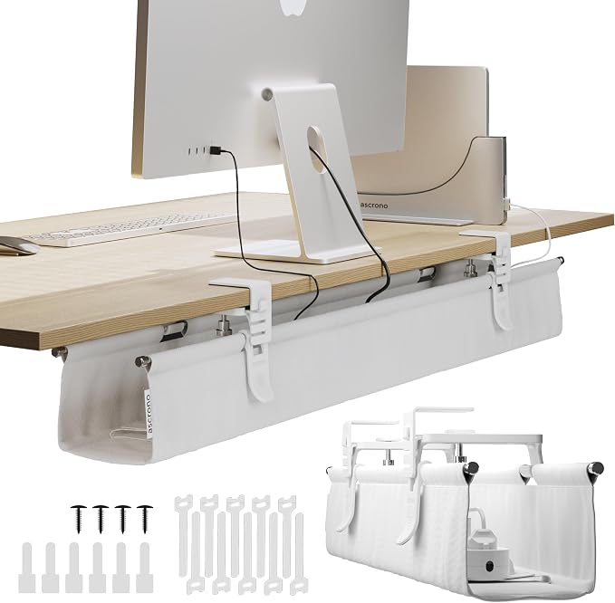 Ascrono Original No Drill Under Desk Cable Management Tray 40.6" - Premium White Fabric Cable Management Under Desk - Clamp/Screw Mount Cord Organizer - Supports Upto 66lbs - Large by Ascrono