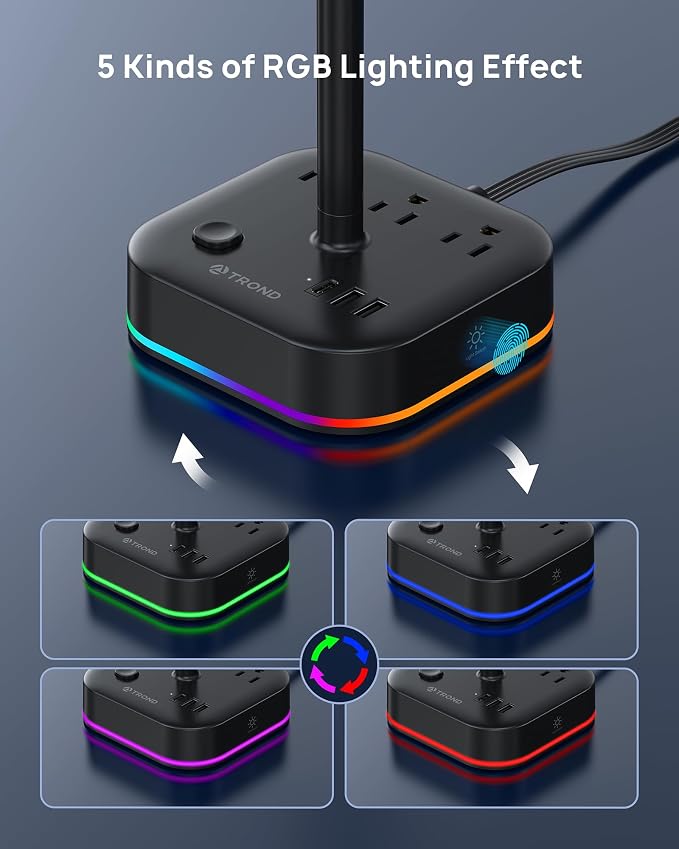 TROND Headphone Stand with USB C, Desk Gaming Headset Holder with 3 AC Outlets, 2 USB-A and 1 USB-C, Headset Stand with 5 RGB Light Modes, for Gaming Desk Accessories Gamer Boyfriend Gifts | 2 USB A and 1 USB C, Headset Stand with 5 RGB Light Modes, fo... - Image 3