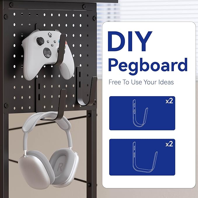 Pamray 64 Inch L Shaped Gaming Desk with Monitor Stand and Power Outlets | Large Corner Computer Desk With Pegboard & Led Lights USB Charging Ports for Home Office Study and Writing Bedroom and Dorms - Image 7