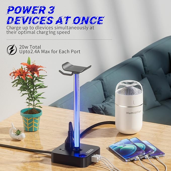 cozoo Headphone Stand with Charger, USB C, Gifts for Gamers Men, Black Pro | Gaming Headset Stand Holder for Desk, 3 USB(1 USB C) and 2 AC Outlets Charging Ports, Headphone Hanger, Gamer Gifts for Men - Image 5