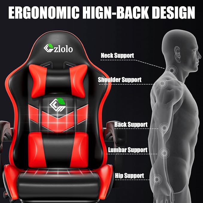 Czlolo Gaming Chair, Ergonomic Office Computer Chair with Footrest and Lumbar Support Massager High Back Video Gamer Chair, Wide＆Thick Cushion, 90°-135° Recline, Adjustable Height, Crimson - Image 3