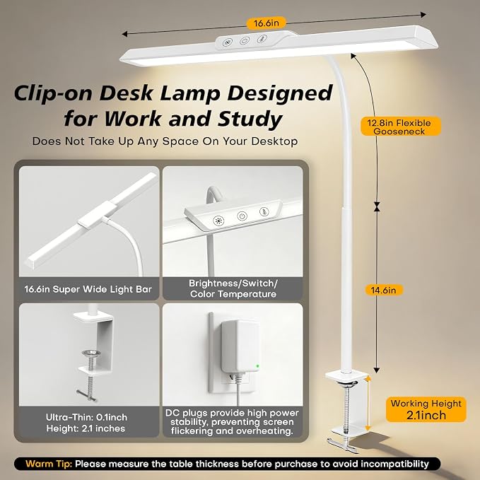 LED Desk Lamp for Office Home, Stepless Dimming Architect Desk Light with DC Adapter, Eye-Caring Desk Lamp with Clamp, 25 Lighting Modes Adjustable 12.8in Flexible Gooseneck for Workbench(White) - Image 2