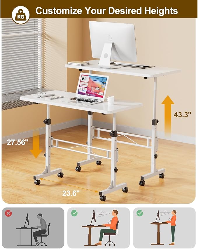 Amztabler Small Standing Desk Adjustable Height, Mobile Stand Up Desk with Wheels, 32 Inch Portable Rolling Desks Conference Room Tables for Walking Pad Treadmill White - Image 3
