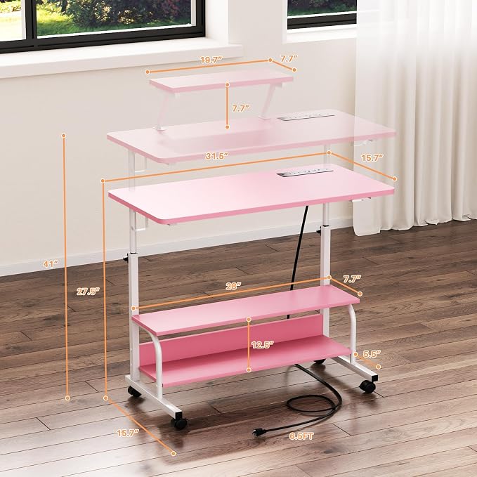 Height Adjustable Standing Desk with Power Outlets and LED Lights - 32" Manual Stand Up Desk with Monitor Stand and Storage Shelves Small Mobile Rolling Computer Desk Portable Laptop Table, Pink - Image 3