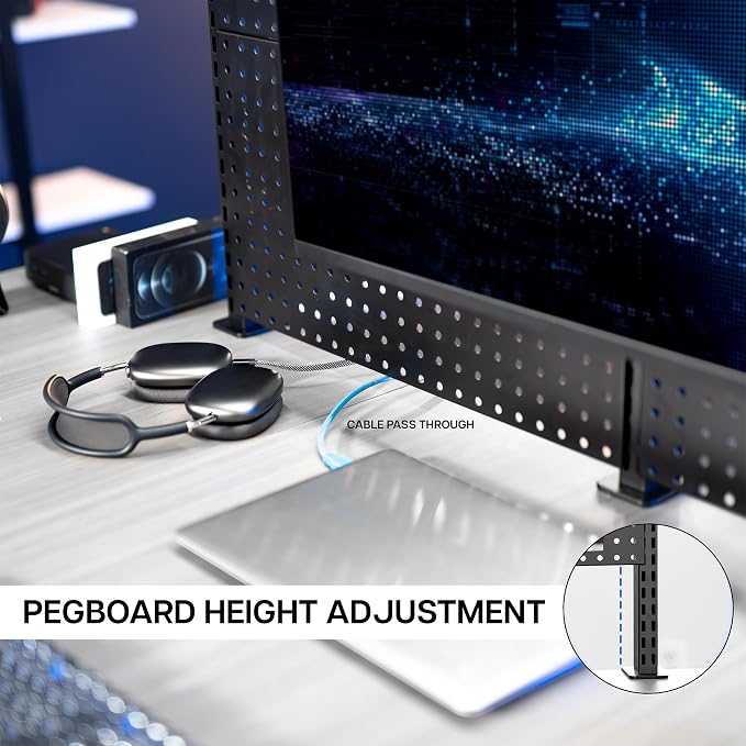 VIVO Steel Triple Clamp 47 x 31 inch Desk Pegboard System with 2 Monitor Mounts and Storage Shelf, Fits up to 32 inch Screens, Office Accessory Organizer, Black, PP-DK48SB - Image 9
