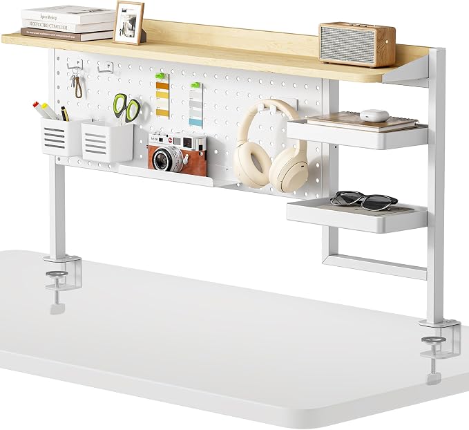 PEGZONE Clamp on Desk Shelf, 44" Desktop Shelving System, White | with Pegboard and Accessories, Desktop Organizer with 2-Tier Shelf, Desk Pegboard for Gaming Office by Pegzone