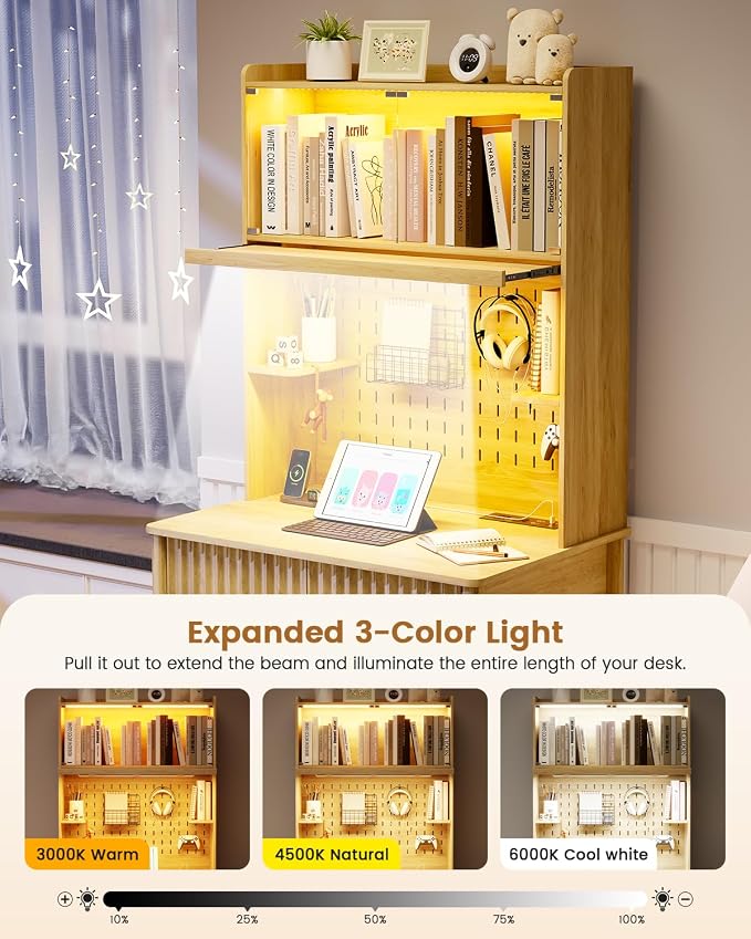 HNEBC Natural Computer Desk - with Power Outlets & Chariging Station,Small Writing Desk with Hutch and Drawers,66.3''H Office Desk with Pull-Out LED Lights,Pop-up Glass Door,Pegboards,Bedroom - Image 3