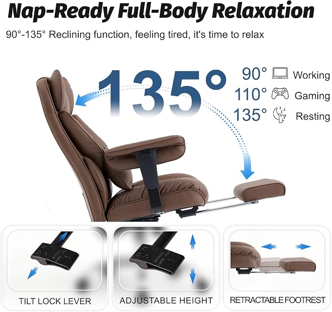 Efomao Executive Office Chair 400lbs,Brown Big and Tall Desk Chair | Mattress-grade pocket spring cushion, sleek leather, 135° recline & footrest for computer gaming setup. - Image 5