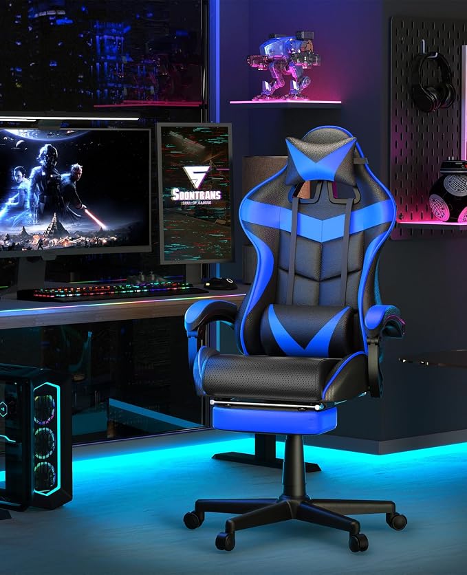 Soontrans Gaming Chair with Footrest,Computer Office Chair, Ergonomic Gamer Chair with Height Adjustment,Headrest and Lumbar Support Gamer Chair(Storm Blue) - Image 2