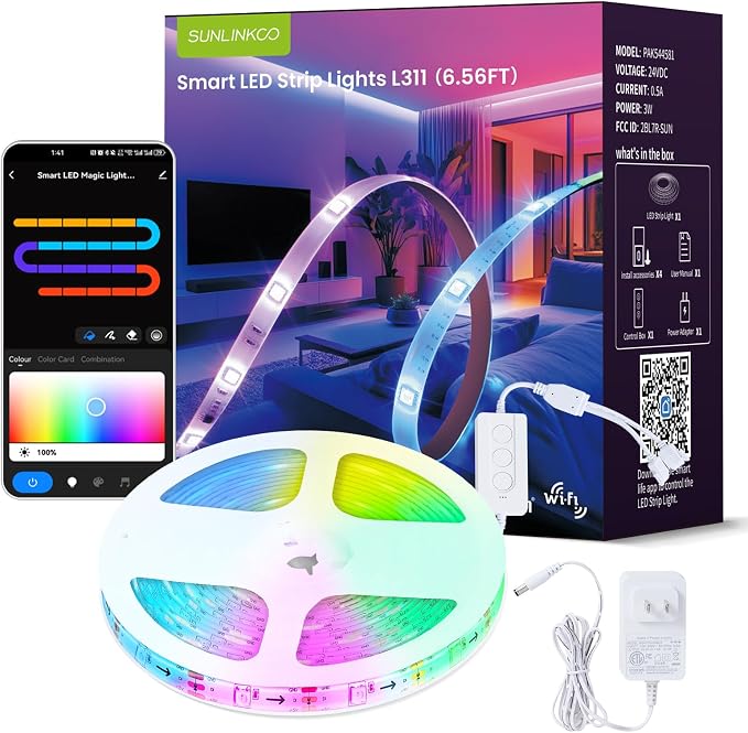 RGB+IC LED Strip Lights, Smart Bluetooth LED Light for Bedroom, Color Changing LED Strips with 44 Scene Modes(6.6ft) by SUNLINKCO