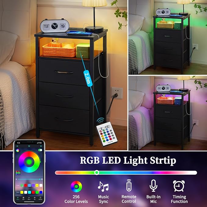 Yoobure Night Stand with Charging Station, LED White Nightstand for Dorm - Image 4