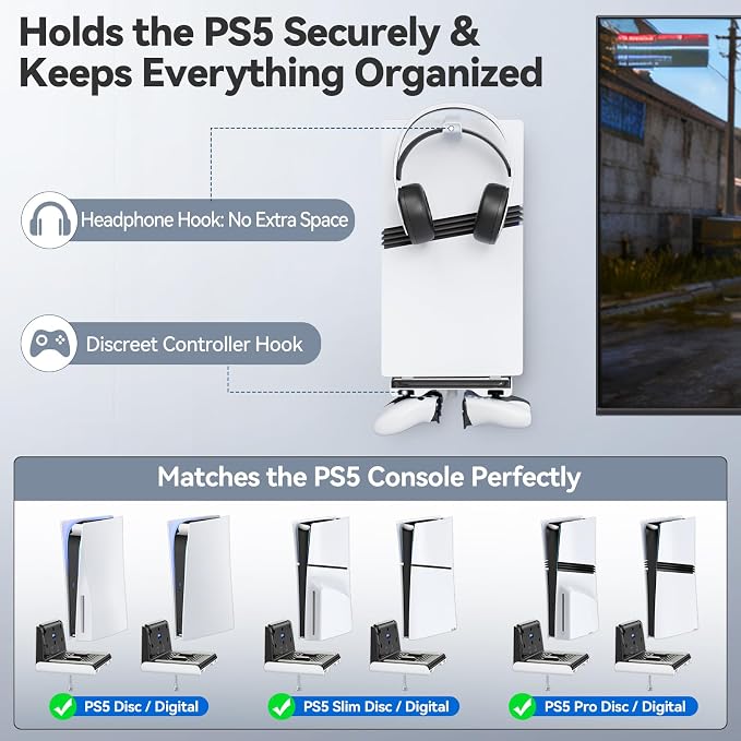 P5 Wall Mount Kit with Controller Holder Compatible with P5/Slim/Pro Disc & Digital, Pa5 Mount Floating for Gaming Accessories, Compact Pa5 Vertical Wall Shelf Organizer Bracket with Headphone Hook - Image 2