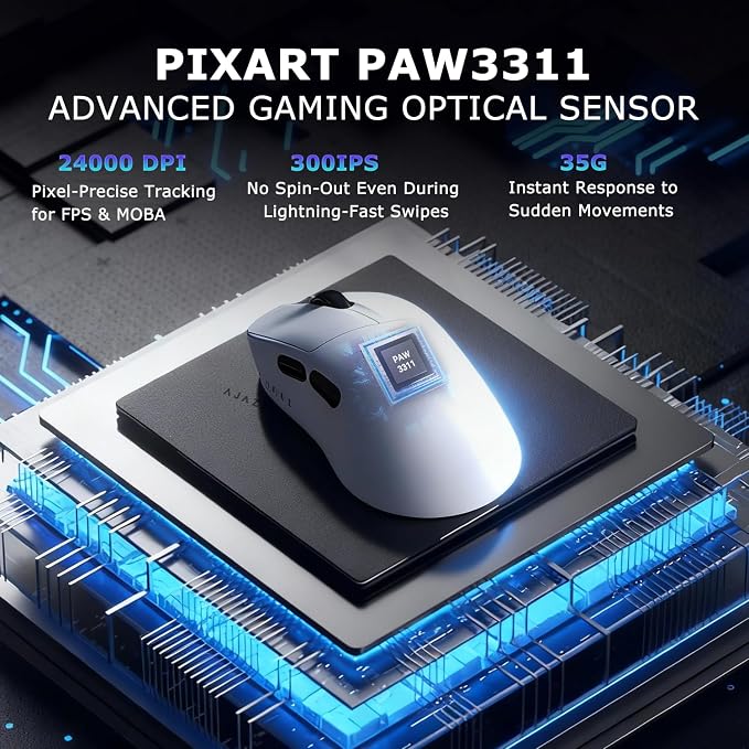 AJ179 V2 Wireless Gaming Mouse, Tri-Mode 2.4G/Bluetooth/Wired, 800mAh Battery Inside a 61g Ultra-Light Shell, 24000 DPI, 6 Programmable Buttons, Right-Handed Ergonomic, On-Board Memory – White - Image 6
