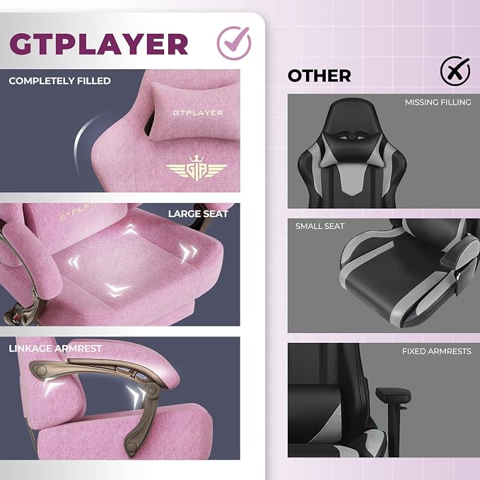 GTPLAYER Big and Tall Gaming Chair 400lbs Heavy Duty Office Chair with Foot Rest, High Back Pocket Spring Ergonomic Computer Chair for Adults, Wide Comfy Seated Cushion with Linkage Armrests, Pink - Image 9