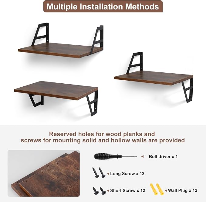 Tectocker-DOU 2 Pc Deep Floating Wall Shelves, Heavy Duty, 15.7×11.8, Brown - Image 6