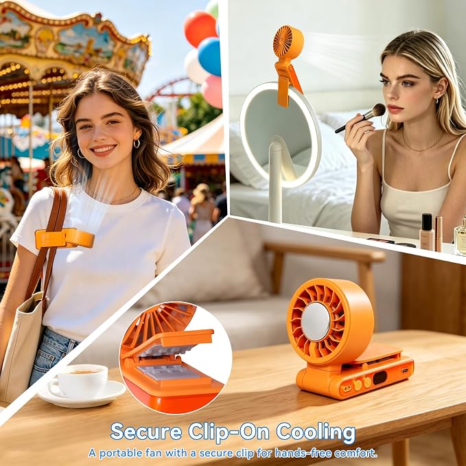 Handheld Portable Turbo Fan with Ice Cooling,5 Speed Rechargeable LED Display Foldable Hand Held Personal Clip/Neck/Waist Fan,180°& 360° Adjustable,Pocket Mini Fan for Outdoor/Home/Office (Orange) - Image 4