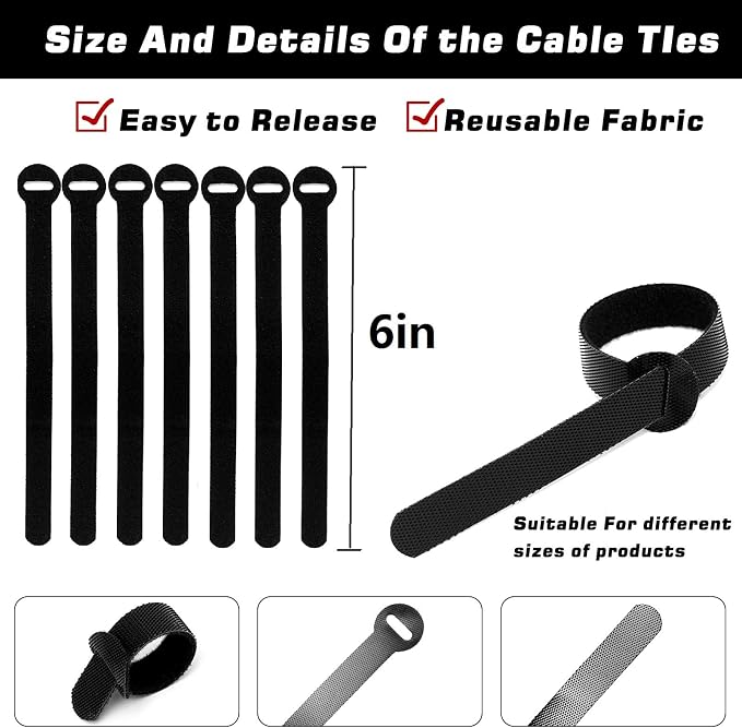 200PCS Reusable Fastening Cable Ties, 6-Inch Cable Straps Cable Management, Multi-Purpose Hook & Loop Cord Organizer Wire Ties, Adjustable Cable Organizer Cord Ties, Microfiber Cloth Straps, Black - Image 2