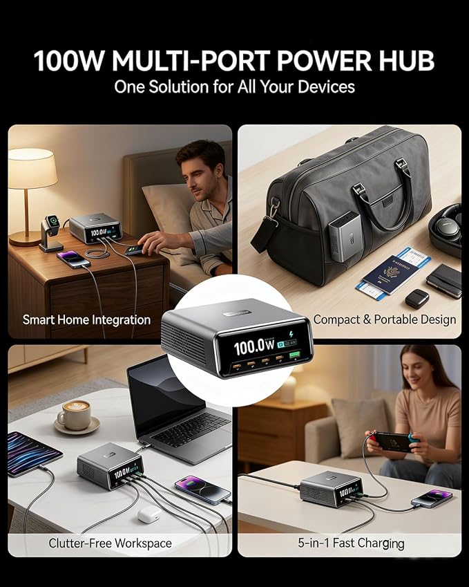 100W 5-Port GaN USB C Charging Station with LCD Smart Display & Control Knob, Desktop Fast Charger for Multiple Devices, Compatible with MacBook, iPhone, iPad, Galaxy, Home Office,Gaming Accessories - Image 7