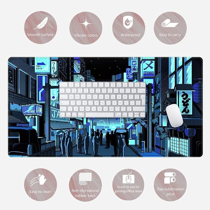 Japanese Gaming Arcade Blue Large Gaming Mouse Pad Keyboard Desk Pad Extended Mouse Pad Gaming Office Decor, Pc Laptop Mouse Pads Large (31.5x15.7 in) with Stitched Eges Non-Slip Base Mousepad XXL - Image 6