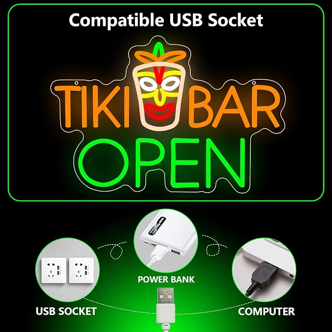 Tiki Bar Neon Sign, Tiki Bar Led Neon Light Signs for Wall Decor Open Hawaii Tropical Luau Aloha Party Outdoor Decorations for Pub Bistro Home Patios Man Cave Dimmable USB Powered Green(16.9"*11.4") - Image 5