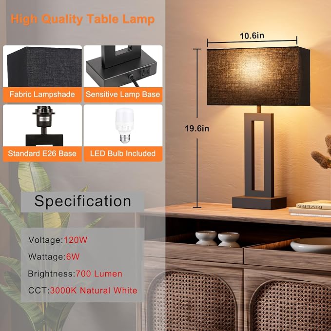 Seealle Nightstand Table Lamps for Bedrooms Set of 2 - Touch Bedside Lamp with USB C+A, 3 Way Dimmable Living Room End Tables 2, Modern Night Stand Bed Side Guest Room(Black) E. Black - Image 6