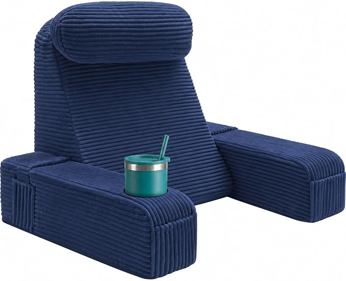 Reading Pillow for Adults, Back Pillow for Bed Sitting Up, Backrest Pillow for Sitting in Bed, Detachable Arms with Built-in Cup & Phone Caddy (Dark Navy-Corduroy, 21 INCH) by ASAWESLING