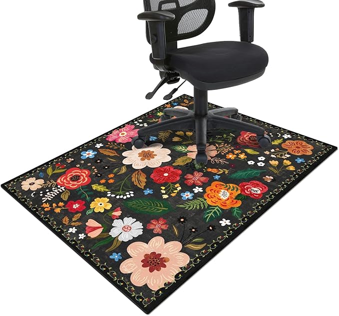Office Chair Mat for Hardwood & Tile Floor,Boho Floral 36"x48" Office Computer Chair Mat for Rolling Chairs,Under Desk Non Slip Gaming Rug,Rubber Backing Large Low-Pile Carpet Protector Mat(Black) by puwbnhj