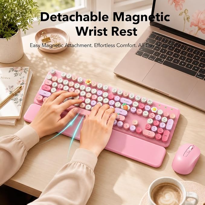 Wireless Keyboard and Mouse Combo, Retro Typewriter Style Keyboard with Round Keycaps, Magnetic Wrist Rest, Full-Size 2.4GHz Cordless for Mac, Windows PC, Laptop, SABLUTE CK23, Cotton Candy Pink - Image 2