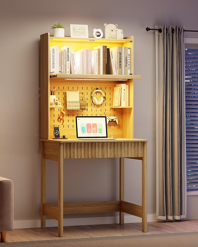 HNEBC Natural Computer Desk - with Power Outlets & Chariging Station,Small Writing Desk with Hutch and Drawers,66.3''H Office Desk with Pull-Out LED Lights,Pop-up Glass Door,Pegboards,Bedroom - Image 9