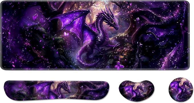 Desk Pad and Keyboard Wrist Rest, Large Mouse Pad + Keyboard Pad+Mouse Wrist Support, Non-Slip Desk Mat Protector for Office, Home 31.5×11.8 Inches Anime Dragon by AFUZLE