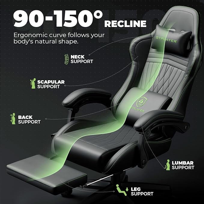 GTPLAYER ACE-PRO Music Gaming Chairs – Built-in Speakers, App Support & Bluetooth Control, Computer Game Chairs with Footrest for Adults, Ergonomic, Reclining, Linkage Armrest, Black & Green Stitch - Image 8