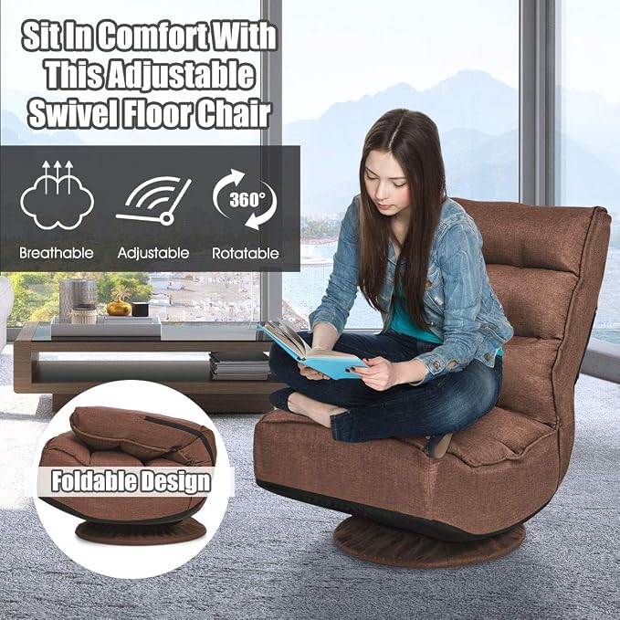 Giantex 360 Degree Swivel Floor Chair, Folding Floor Gaming Chair with 6 Positions Adjustable, Lazy Sofa Lounge Chair w/Tufted Back Support, Video Gaming Chair for Reading TV Watching (Brown) - Image 6