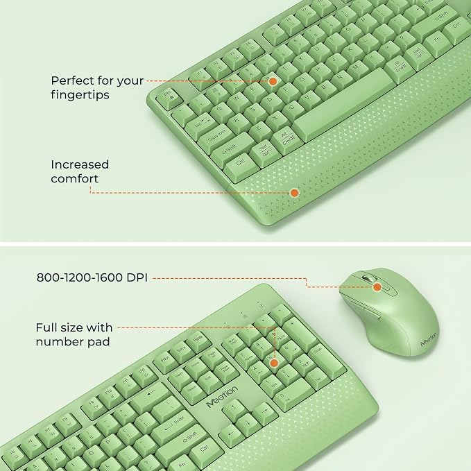 MEETION Wireless Keyboard and Mouse Combo, Full-Size with Wrist Rest, Green - Image 6