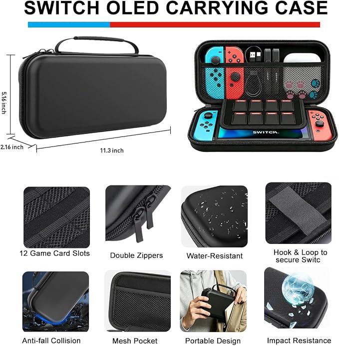 Accessories Bundle for Nintendo Switch 1/OLED, OUNFNOE 19-IN-1 Kits for Switch OLED Accessories, Carrying Case, Controller Charging Dock, Joy-Con Thumb Grips, Tempered Screen Protector, Steering Wheels for Mario Kart, Protective Console Cover - Image 5