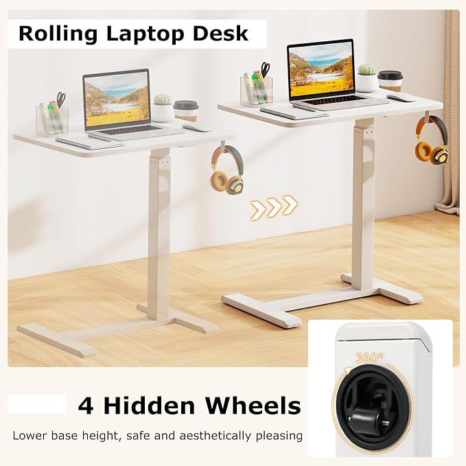 Tangkula Mobile Standing Desk, Pneumatic Height Adjustable Rolling Desk with Cup Holder & Headphone Hook, Overbed Table with Hidden Wheels, Laptop Computer Cart for Couch, Home, Office (White) - Image 7