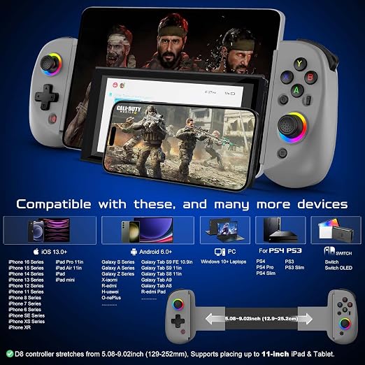 Joso Mobile Gaming Controller for iPhone/iPad/Tablet, Android Wireless Controller with Hall Effects Joysticks, Support PC/Switch, Play Cloud Games/PS Remote Play/COD/Genshin Impact & More - Grey - Image 3