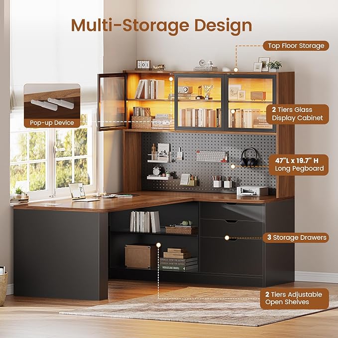 SEDETA L Shaped Computer Office Desk with 3 Wood Drawer and Large Bookshelf | L Shaped Corner Gaming Desk with LED Light, Display Cabinet and Pegboard, 27.5" W Large Desktop Table, Brown - Image 4