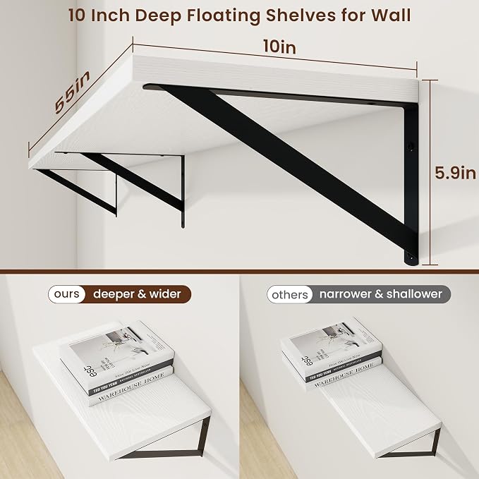 Axeman Deep Floating Shelves, 55'' x 10'' White Wall Shelves Set of 2 - Image 3