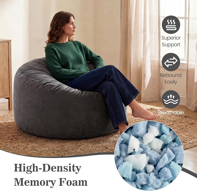 ACH Bean Bag Chair for Adults and Teens - 3ft Memory Foam Floor Chair, Perfect for Dorms, Gaming & Relaxing, Machine Washable Velvet Cover (Grey-Medium) - Image 4