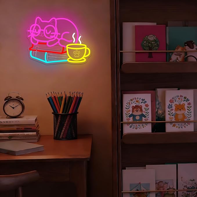 Cat Reading Neon Sign Kawaii Kitten with Glasses On Books with Coffee Neon Lights Dimmable Light Up Sign for Classroom Library Reading Corner Led Wall Art - Image 7