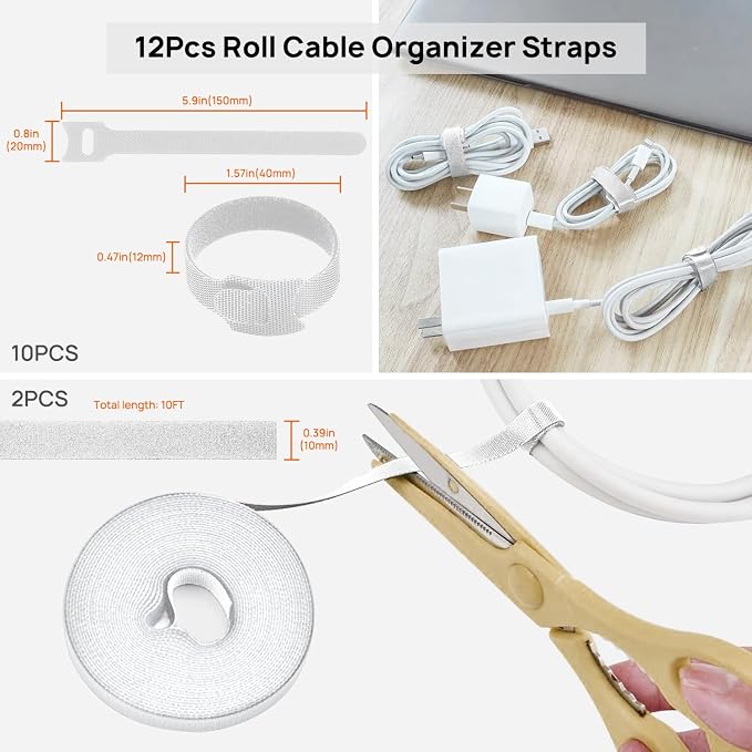 193 PCS Cable Management Kit - 4 Cable Sleeve, 57 Self Adhesive Cable Clips, 12 Hanging Strips, 12 Cable Organizer Straps and 100 Fastening Cable Ties for TV Computer Under Desk (White) - Image 7