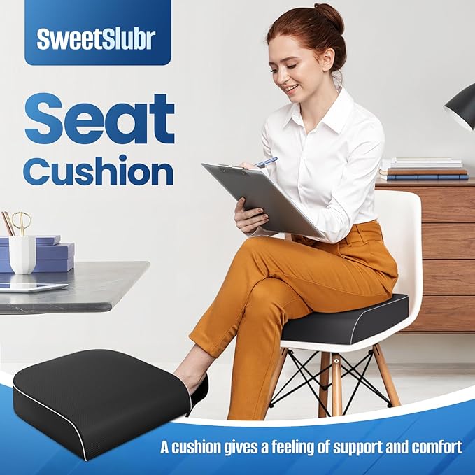 SweetSlubr Seat Cushion, Chair Pad, Memory Foam Large Cushion | Office Chair Cushion for Tailbone Pain Relief, Non-Slip Cover, Soft Support for Office Chair, Car Seat, Airplane,Large/Black - Image 7