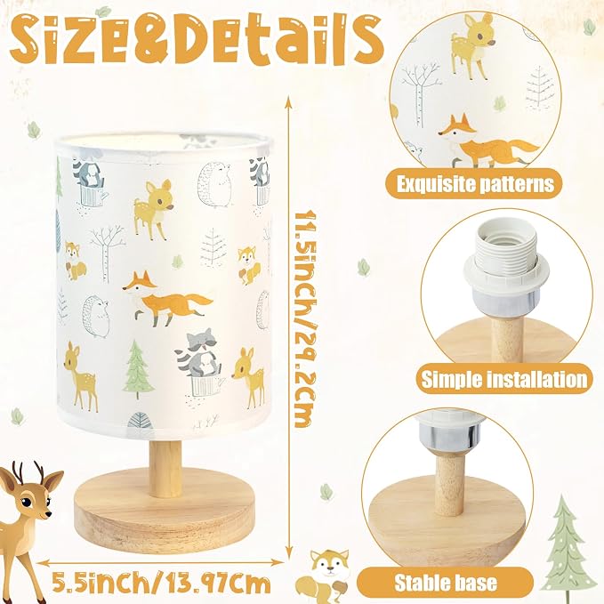 Animal Table Lamp for Bedroom Kids Bedside Lamp with Linen Wooden Nightstand Cartoon Nursery Lampshade for Boys Girls Room Decor - Image 2