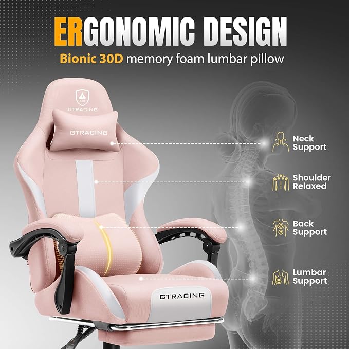 GTPLAYER Gaming Chair with Foot Rest & Pocket Spring Cushion, Breathable Fabric for Home Office Desk, Ergonomic High Back Computer Chair with Headrest & Lumbar Support, Pink - Image 5