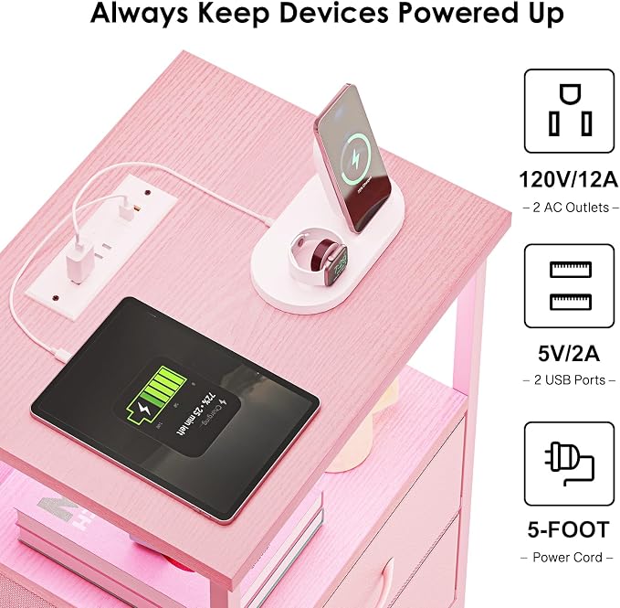 Fixwal Night Stand with Charging Station, Led Nightstand, Pink, 2 Drawers - Image 4